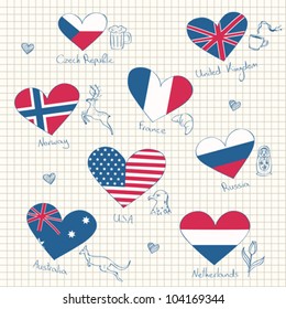 Flags in heart shapes and symbols of the countries