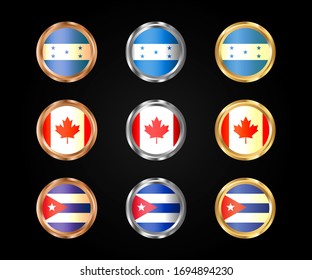 Flags of Honduras, Canada, Cuba in round frames of gold, silver and bronze colors.