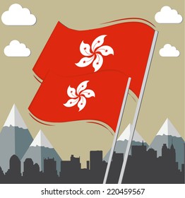 Flaggen von Hongkong mit Stadthintergrund 