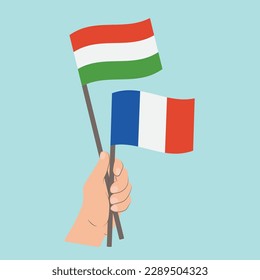 Flags of Hungary and France, Hand Holding flags