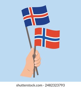 Flags of Iceland and Norway, Hand Holding flags