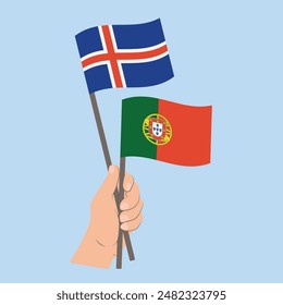 Flags of Iceland and Portugal, Hand Holding flags