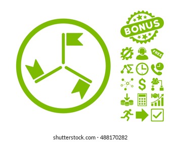 Flags icon with bonus pictogram. Vector illustration style is flat iconic symbols, eco green color, white background.