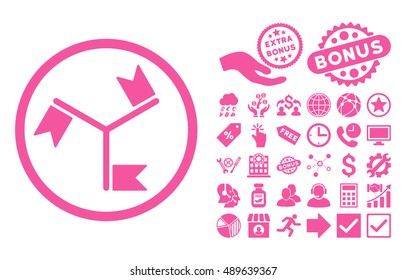 Flags icon with bonus pictogram. Vector illustration style is flat iconic symbols, pink color, white background.