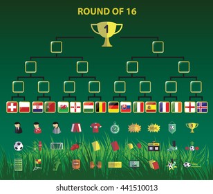 flags icon of participating countries to the round of 16 teams.