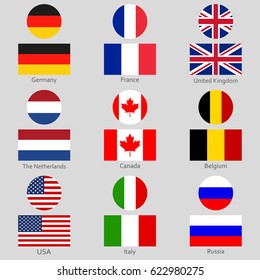 Flags icon set. National symbol of USA, UK, Holland, the Netherlands, Germany, Italy, Canada, France, Russia and Belgium. Vector illustration.