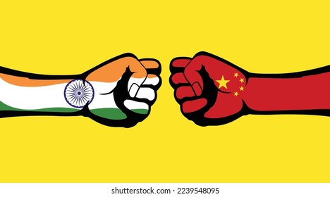 Flags of India and China illustration on two clenched fists facing each other on yellow background