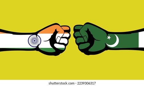 Banderas de India y Pakistán ilustran dos puños apretados uno frente al otro sobre fondo amarillo