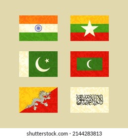 Flags of India, Pakistan, Myanmar, Maldives, Bhutan and Afghanistan. Flags with light grunge dirty effect.