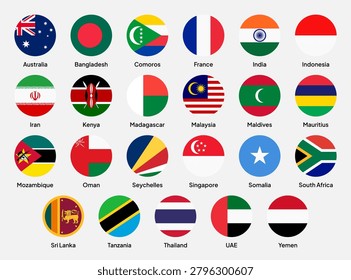 Flags of Indian Ocean Rim Association (IORA) member countries in flat round shapes, including Australia, Bangladesh, Comoros, France, India, Indonesia, Iran, Kenya, Madagascar, Malaysia, Maldives, Mauritius, Mozambique, Oman, Seychelles, Singapore, Somalia, South Africa, Sri Lanka, Tanzania, Thailand, United Arab Emirates, and Yemen. Vector illustration.