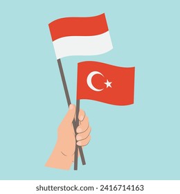 Flags of Indonesia and Turkey, Hand Holding flags