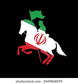 Flags of iran horserider concept with creative illustration isolated on black background.