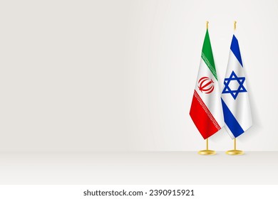 Flags of Iran and Israel on flag stand, meeting between two countries. Vector template.