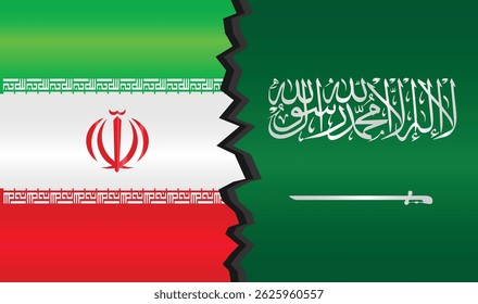 Bandeiras do Irã e da Arábia Saudita divididas por uma linha irregular, simbolizando tensão política. Perfeito para geopolítica do Oriente Médio, relações internacionais e temas de conflito. EPS vetorial editável disponível