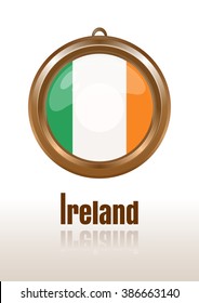 Flags of Ireland in the form of circular pendants. Ireland, Eire, Erin, Emerald Isle.  Irish flag. Medallion with the flag of Ireland. Vector Irish flag icon. Vector illustration.