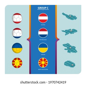 Flags and isometric map with football field of Group C. Vector collection.