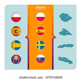 Flags and isometric map with football field of Group E. Vector collection.