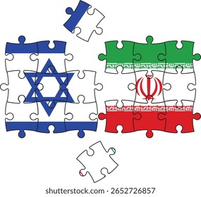 As bandeiras de Israel e do Irã conectam-se como um quebra-cabeça inacabado - algumas peças ainda separadas - simbolizando tensão, complexidade e uma esperança distante, mas vital, para o diálogo futuro e a paz.