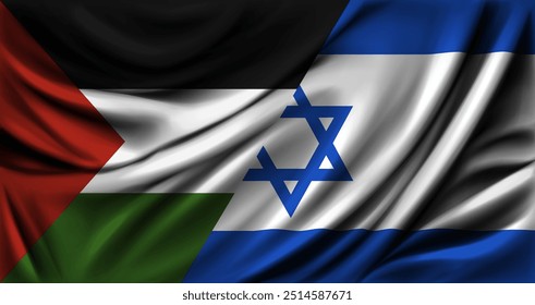 Las banderas de Israel y Palestina revoloteando juntas se acercan. Ilustración vectorial.