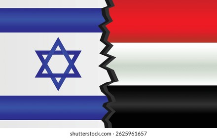 Flags of Israel and Yemen divided by a jagged line, symbolizing political tension or conflict. Ideal for themes on geopolitics, international relations, and diplomacy. Editable Vector EPS Available