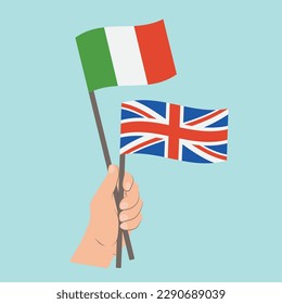 Flags of Italy and UK, Hand Holding flags
