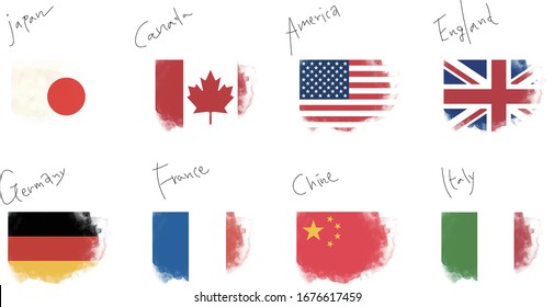 Flags of Japan, Canada, USA, UK, Germany, France, China and Italy