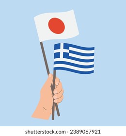 Flags of Japan and Greece, Hand Holding flags