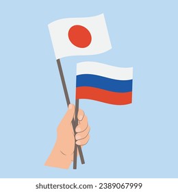 Flags of Japan and Russia, Hand Holding flags