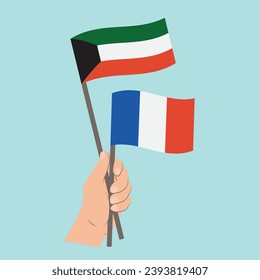 Flags of Kuwait and France, Hand Holding flags