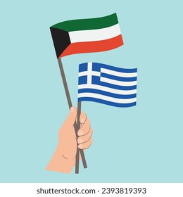 Flags of Kuwait and Greece, Hand Holding flags