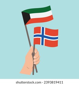 Banderas de Kuwait y Noruega, banderas de mano