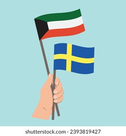 Banderas de Kuwait y Suecia, banderas de mano