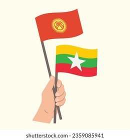 Flags of Kyrgyzstan and Myanmar, Hand Holding flags