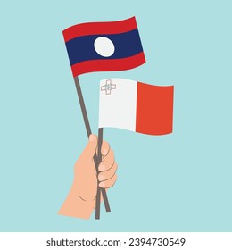 Banderas de Laos y Malta, con banderas de mano