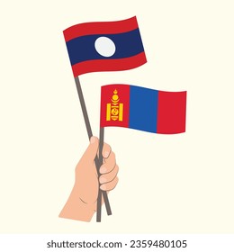 Flaggen von Laos und der Mongolei, handgeführte Flaggen