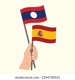 Flags of Laos and Spain, Hand Holding flags