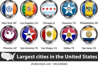 Flags of largest cities in the United States in glossy badges. Vector image