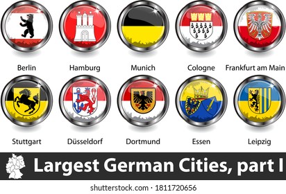 Flags of largest German cities in glossy badges. Vector image