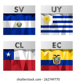 flags of Latin America. El Salvador, Uruguay, Chile and Ecuador.