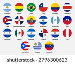 Flags of Latin American countries in flat round shapes, including Brazil, Mexico, Argentina, Colombia, Chile, Peru, Venezuela, Ecuador, Bolivia, Uruguay, Paraguay, Costa Rica, Panama, Guatemala, Honduras, El Salvador, Nicaragua, Cuba, Dominican Republic, and others. Vector illustration.