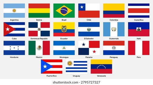 Flags of Latin American countries in rectangular shapes (with a 3:2 ratio). Vector illustration.