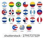 Flags of Latin American countries in round shapes, including Brazil, Mexico, Argentina, Colombia, Chile, Peru, Venezuela, Ecuador, Bolivia, Uruguay, Paraguay, Costa Rica, Panama, Guatemala, Honduras, El Salvador, Nicaragua, Cuba, Dominican Republic, and others. Vector illustration.