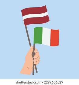 Flags of Latvia and Italy, Hand Holding flags