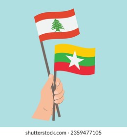 Flags of Lebanon and Myanmar, Hand Holding flags