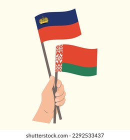 Flags of Liechtenstein and Belarus, Hand Holding flags