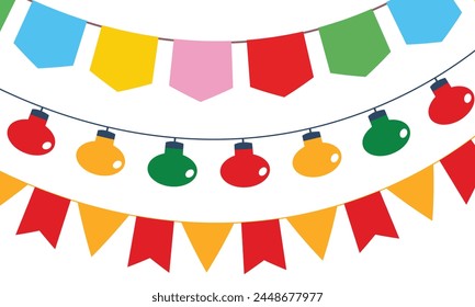 Flags and light bulbs for birthday. Festive decorations for holiday or festival. Vector  illustration. EPS 10