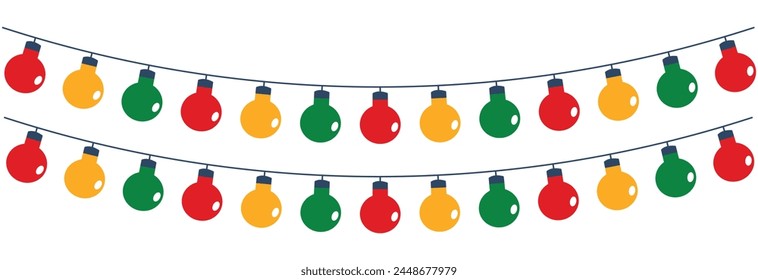 Banderas y bombillas de luz para cumpleaños. Decoraciones festivas para fiestas o festivales. Ilustración vectorial. EPS 10