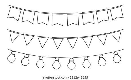 Flags and light bulbs for birthday in one line. Festive decorations for holiday or festival. Continuous line style. Vector