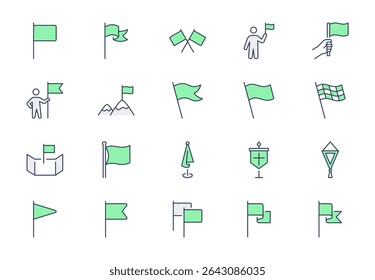 Flags line icon set. Vector illustration include - pennant, waving banner, point on map, flagpole, navigation, challenge, pennon outline pictogram for location. Green Color, Editable Stroke.