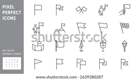 Flags line icon set. Vector illustration include icon - pennant, waving banner, point on map, flagpole, navigation, challenge, pennon outline pictogram for location. Pixel Perfect, Editable Stroke.